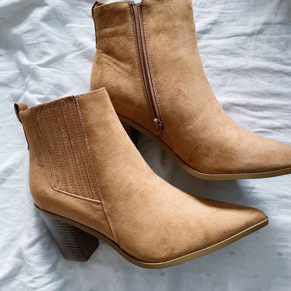 JustFab Shoes - JUST FAB camel pointed toe faux suede heeled booties